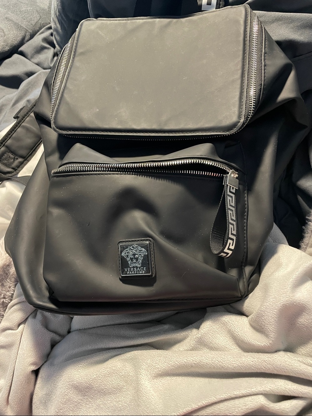Versace parfums Black Nylon Backpack with Greek Key Zipper Pull - Picture 2 of 5